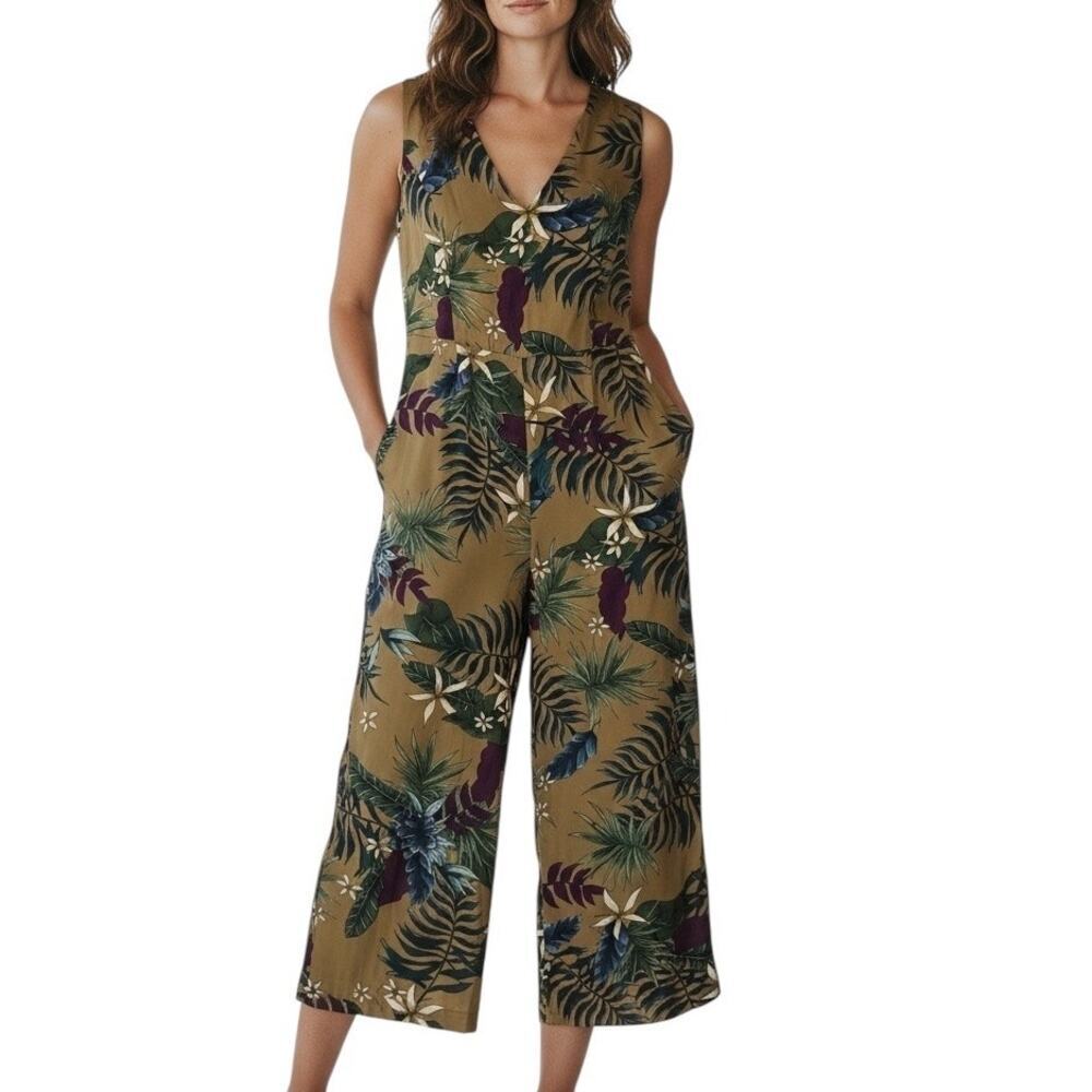 Hallhuber Tropical Print Wide Leg Sleeveless Jumpsuit Brown Size 6